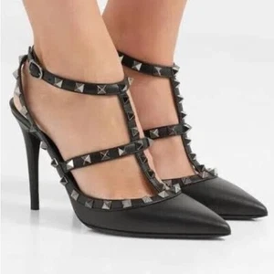 Authentic! Valentino Rockstud Caged T Strap Black Leather Pump Heels 36.5/US 6.5 - Picture 1 of 14