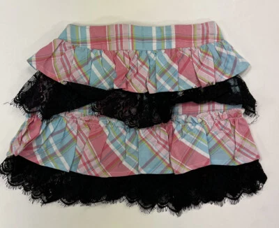 Hartstrings Girls Skort Size 5 Blue Pink Plaid Black Lace - Image 1 of 4