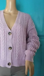 Hooked Up~ Fallwear Cable Knit Button Up Cropped Cardigan ~LILAC WAVE SZ XLarge - Picture 1 of 10