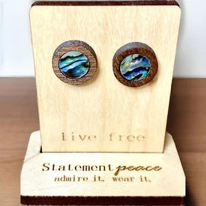 HANDMADE Earrings Artisan ABALONE Wood Shell Studs Hand Crafted Eco Friendly - Picture 1 of 3