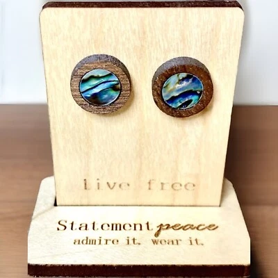 Pendientes HECHOS A MANO ABULÓN Artesanales Madera Concha Tachuelas Hechos a Mano Ecológicos Foto 1 de 3