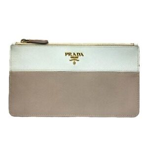 PRADA Pouch Small Zip Pouch Logo Leather Beige White Gold Bicolor Used F/S