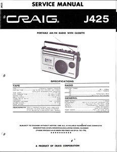 CRAIG J425, TRAGBARER KASSETTENREKORDER, MIT AM/FM RADIO, ORIGINAL SERVICEHANDBUCH - Bild 1 von 1