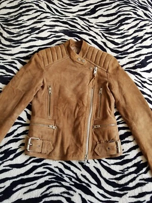 All Saints Tan Suede Jacket Leather Biker Tan Brown Kerr Zips Buckle Size 4 - Image 1 of 4