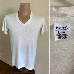 80s HANES V-Neck Cotton Blend Blank White T Shirt M / L Distressed Burnout Vtg - Picture 1 of 21