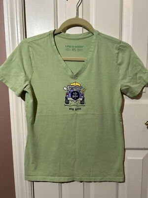 Life Is Good V Neck  T Shirt Womens XS Dog Gone Green Jeep - Image 1 of 4