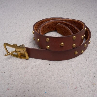 Womens Brown Leather Belt 1" Wide Gold Studs Adjustable Boho 41" - Image 1 of 4