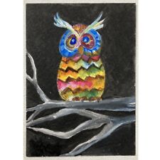 ACEO ORIGINAL PAINTING Mini Collectible Art Card Signed Animal Bird Owl Ooak