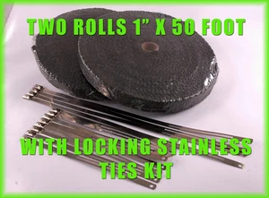 BLACK HEAT SHIELD EXHAUST WRAP TAPE 2 ROLLS 1/8" X 1" X 50 FT & SS LOCKING TIES - Picture 1 of 1