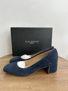 Talbots Indigo Blue Claire Block Heel Pumps Suede Gold Size 9M - Picture 1 of 9
