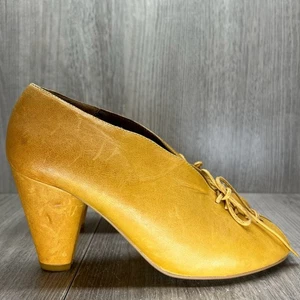 Giraudon Vintage Lace-up Heels Women 37 Peep Toe Shoes Block Heel Leather Yellow - Picture 1 of 10