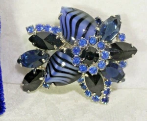 Blue with Black Stripes Art Glass Brooch PIN Dark Blue & Royal Blue Rhinestones! - Picture 1 of 3