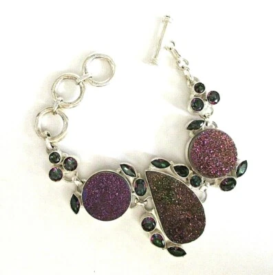 AMAZING PURPLE TITANIUM DRUSY 925 STERLING SILVER BRACELET 7.5"  43 GRAMS! - Image 1 of 4