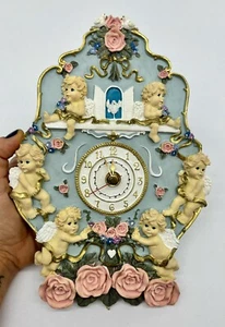 🚨Vintage BRAND NEW 3D Cherub Angel Roses Hanging Chime Wall Clock Mint Cond. - Picture 1 of 13