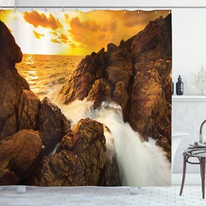 Waves over Tropical Rocks on the Beach Sunset Nature Print Shower Curtain Set - Picture 1 of 2