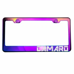 Neo Neon Chrome License Plate Frame CAMARO Laser Etched Metal Screw Cap - Picture 1 of 8