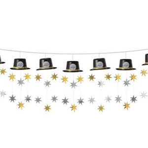 New Year's Garland Top Hat 12 Feet 10 Top Hats Black Gold & Silver Party Decor - Picture 1 of 5