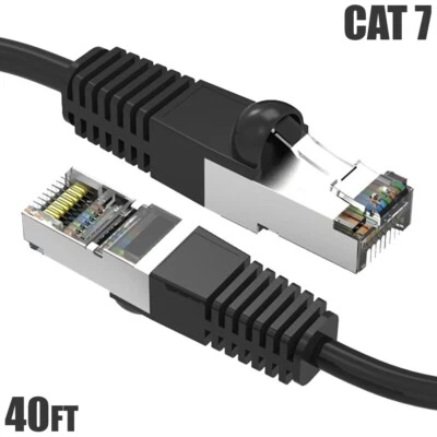 40FT Cat7 RJ45 Network Ethernet SSTP Patch Cable Shielded Copper 600MHz Black - Image 1 of 4