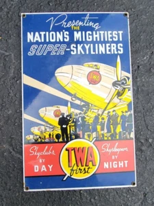 Vintage TWA First Airlines Sky Club Advertising Sign Die Cut Metal Porcelain. - Picture 1 of 5