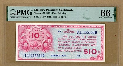 Series 471 $10 Military Payment Certificate PMG 66 Gem Unc 1st Print EPQ - Image 1 of 2