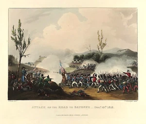 Bayonne Attack on the road Road original Peninsular War 1813 aquatint Military - Picture 1 of 4