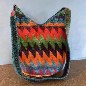 Mexican Crochet Knit Crossbody Purse Shoulder Bag Handmade Zig Zag Zip Top - Picture 1 of 11