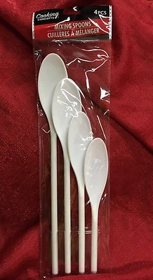 Set Of 4 White Mixing Stirring Spoons Kitchen Hard Plastic Utensil Tools - Image 1 of 2