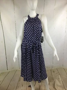 D&N Design Women’s Navy Blue Polka Dot Open Shoulder Knot Belt Dress Sz. 16 NWT - Picture 1 of 15