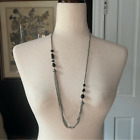 beaded chain necklace handmade silver tone black glass bead long necklace 32"