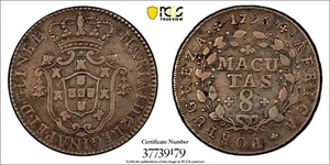 Angola Maria I Argento 1796 8 Macutas Conio-25.000 PCGS VF35 TOP GRADED KM34(9) - Foto 1 di 3