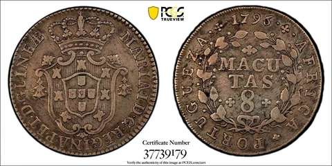 Angola Maria I Silver 1796 8 Macutas Mintage-25,000 PCGS VF35 TOP GRADED KM34(9) Cover