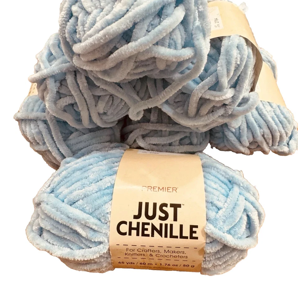 X6 Skeins Just Chenille Premier Yarn Light Blue 65yds Each Total 390yds