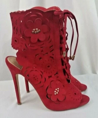 Zapato Deslumbrante Rojo Flor Recortes Mujer Tacones Altos Talla 7.5 Foto 1 de 4