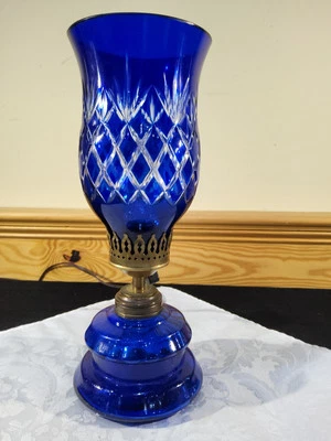 Converted Oil Lamp Cobalt Blue Bohemian Cut Boudoir Stand Lamp Electrified - Image 1 of 4