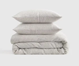 Quince European Linen Duvet Cover Set - Grey/White Mini Pinstripe King Cal King - Picture 1 of 8