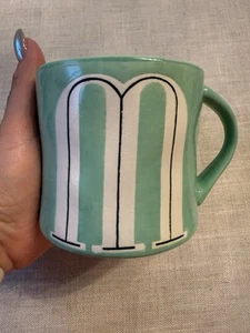 Anthropologie Mug Letter M Initial Coffee Tea Teal Mint Green Hand Painted - Imagen 1 de 5