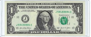 UNCIRCULATED 2021 $1 ONE Dollar Bill Note QUAD 4 of a Kind 8s Serial #J59488884C - Picture 1 of 3