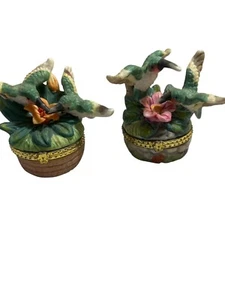 Porcelain Hummingbird Trinket Boxes With Floral Accents & Gold Trim - Set Of 2 - Picture 1 of 6