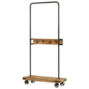 Industrial Style Clothes Rail On Wheels 4 Hooks Rack Retro Wood Metal Garment UK - Picture 1 of 8