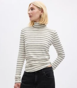 Gap Women S Tall Essential Rib Turtleneck T-Shirt Beige Stripe Long Sleeve ~ New - Picture 1 of 6
