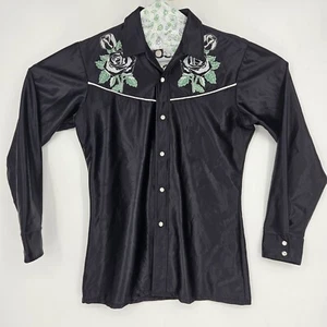 Vintage Stir Ups Shirt Youth Sz 20 Pearl Snap Black Roses Western Long Sleeve - Picture 1 of 12
