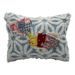 NEW  Handmade Cute Pig & Heart Pillow  Blue & White Chenille Bedspread Pillow - Picture 1 of 9