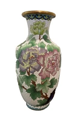 Jarrón Cloisonne grande - flores coloridas, pájaros y mariposas en blanco Foto 1 de 4