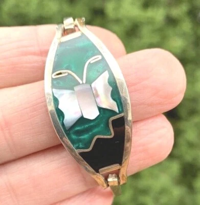 Vintage Alpaca Mexico Bracelet Silvertone w/ Abalone Shell Inlay Child Size - Image 1 of 4