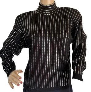 Wayne St John Knit Vtg 80s Black Pullover Sweater Bead Metallic Silver Accent 8p - Picture 1 of 6