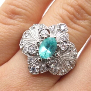 925 Sterling Silver Real Oval-Cut Apatite & White Topaz Ring Size 7.25 - Picture 1 of 8