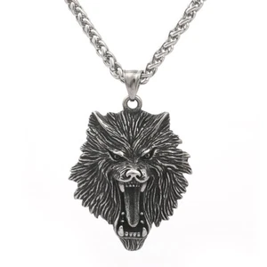Retro Stainless Steel Mens Viking Fenrir Wolf Head Pendant Necklace - Picture 1 of 4