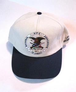 Vintage NRA Life Member Tan Leather Strapback Hat Beige and Blue Made in USA - Picture 1 of 8