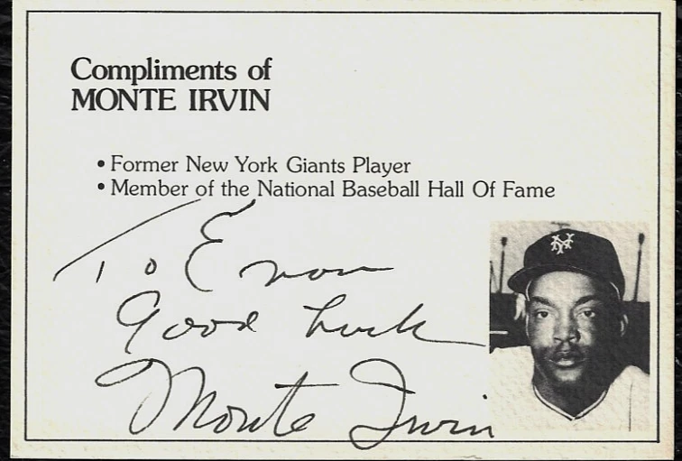 TARJETA DE CUMPLIDOS MONTE IRVIN AUTÓGRAFO TO ME ON IRVIN'S 3 1/2" X 5" COMO NUEVA Foto 1 de 1