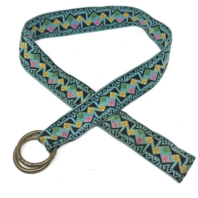 Vintage Women’s Geometric Embroidered Woven D Ring Belt Colorful Boho Adjustable - Image 1 of 3